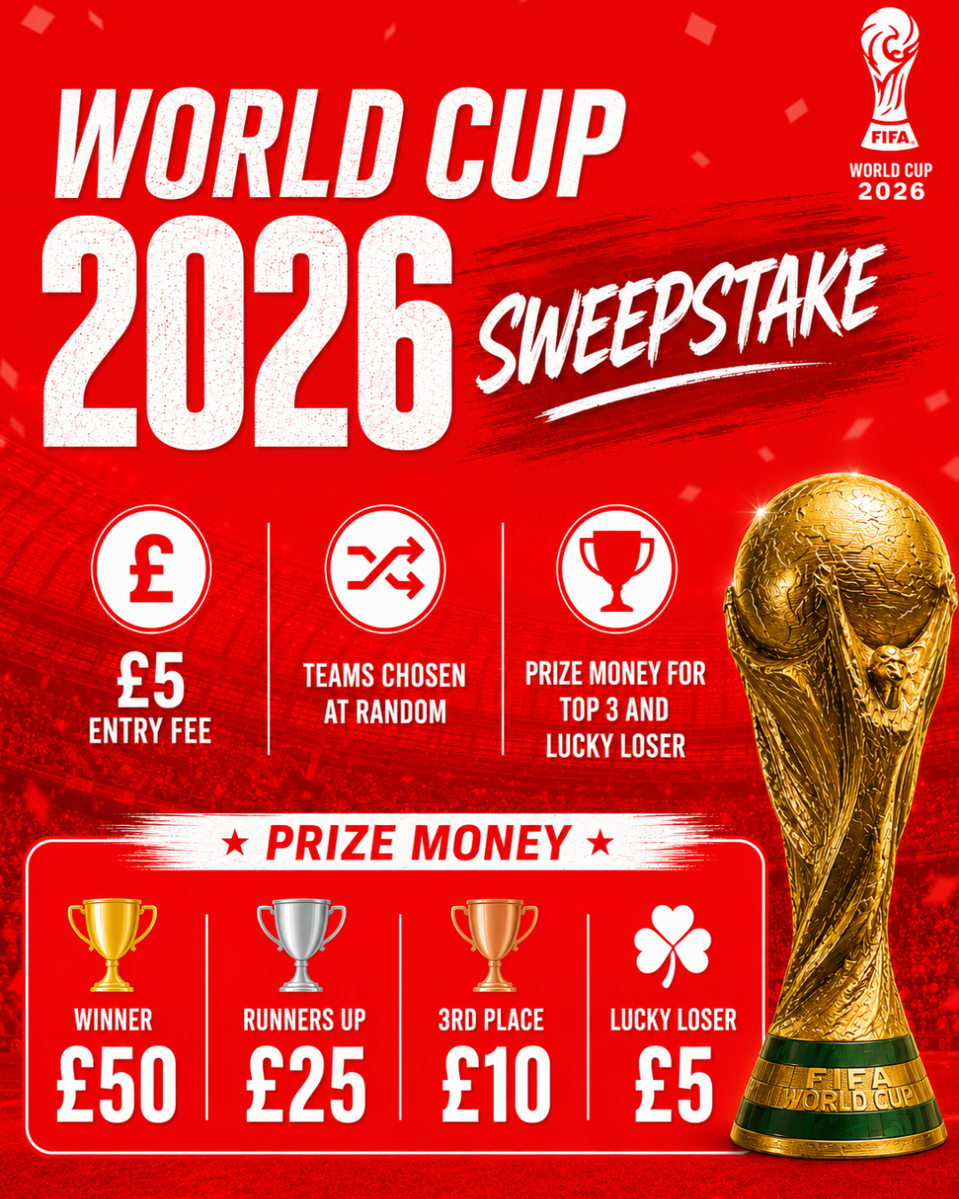 World Cup 2026 sweepstake: £5 entry, teams chosen at random, prize money for top three and lucky loser
